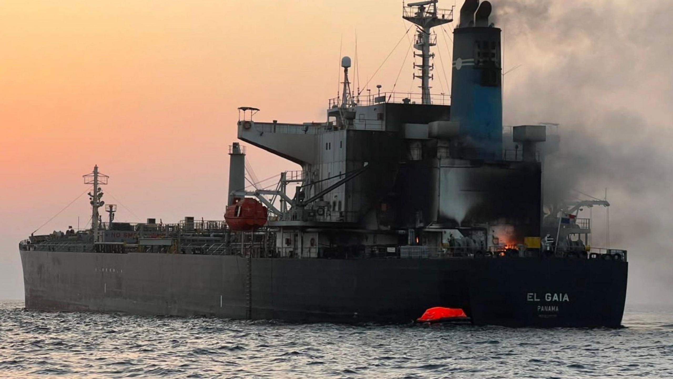 Handout photo from Oman's Maritime Security Centre showing a fire on board the Panama-flagged oil tanker El Gaia, in the Strait of Hormuz, off the coast of Oman