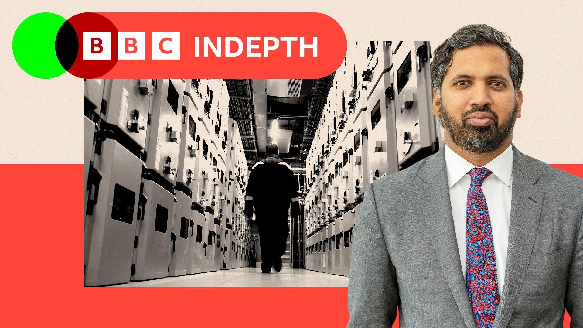 A black and white photo of a man walking through a data centre. Faisal Islam is pictured to the right of frame with the InDepth lozenge is to the top left