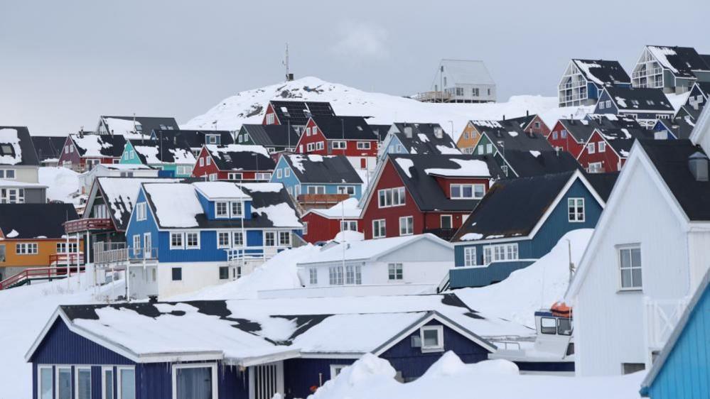 A general view of snow-topped houses in Nuuk, Greenland