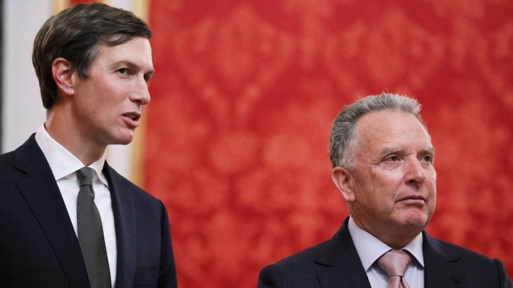 Jared Kushner, U.S. President Donald Trump's son-in-law, and U.S. Special Envoy Steve Witkoff wait before a meeting with Russian President Vladimir Putin at the Kremlin in Moscow, Russia
