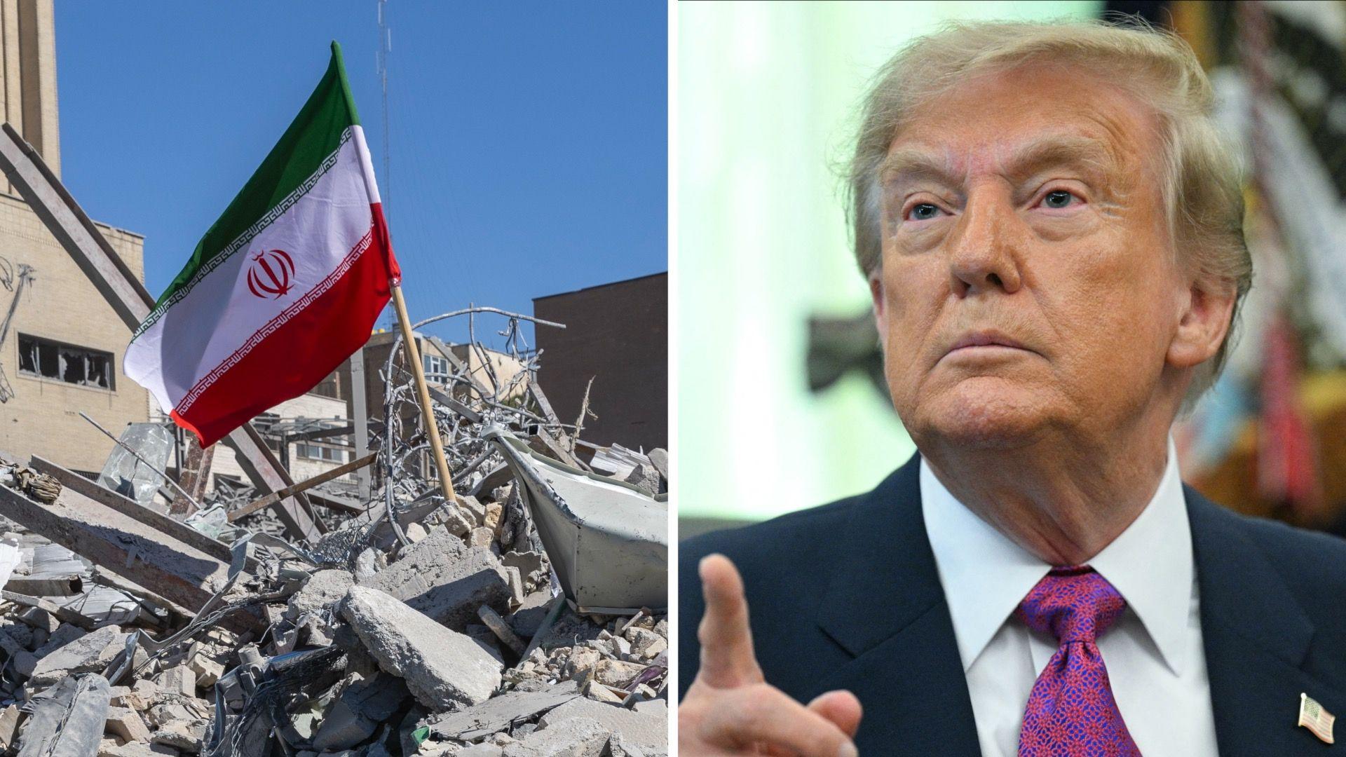 Split screen. Left, Iran war amongst the rubble. Right, Donald Trump is seen.
