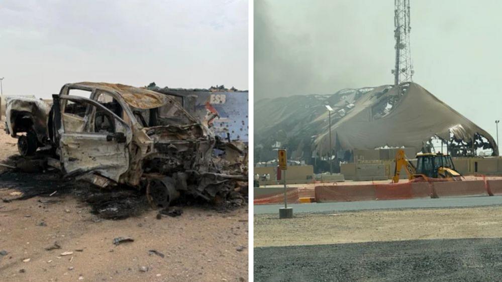 A composite image showing a damaged car on the left, and a shredded tent-like structuer on the right