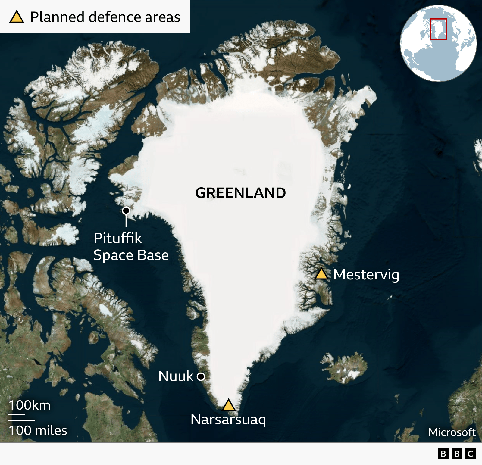 A map showing the existing US military base in Pituffik in Greenland's north-west, and two planned bases in Narsarsuaq in the south, and Mestervig in the east.