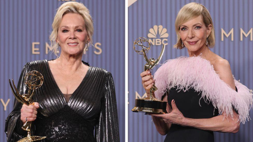 Jean Smart and Allison Janney pose backstage at the Emmy Awards, against a purple background