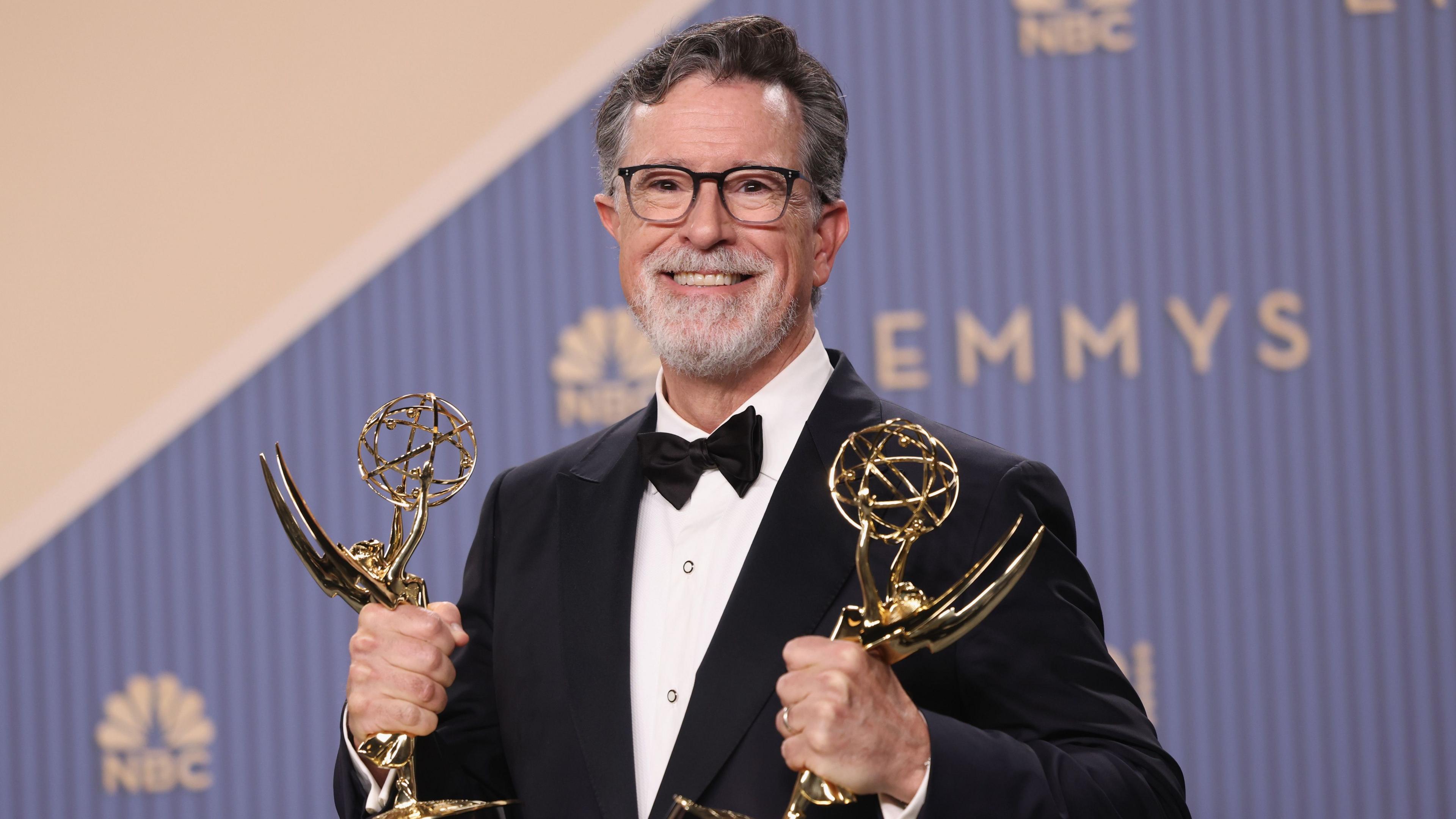 Stephen Colbert, wins the Outstanding Variety Series Award for “The Late Show With Stephen Colbert” poses backstage for the 78th Primetime Emmy Awards at Peacock Theater on September 14, 2026 in Los Angeles, California.