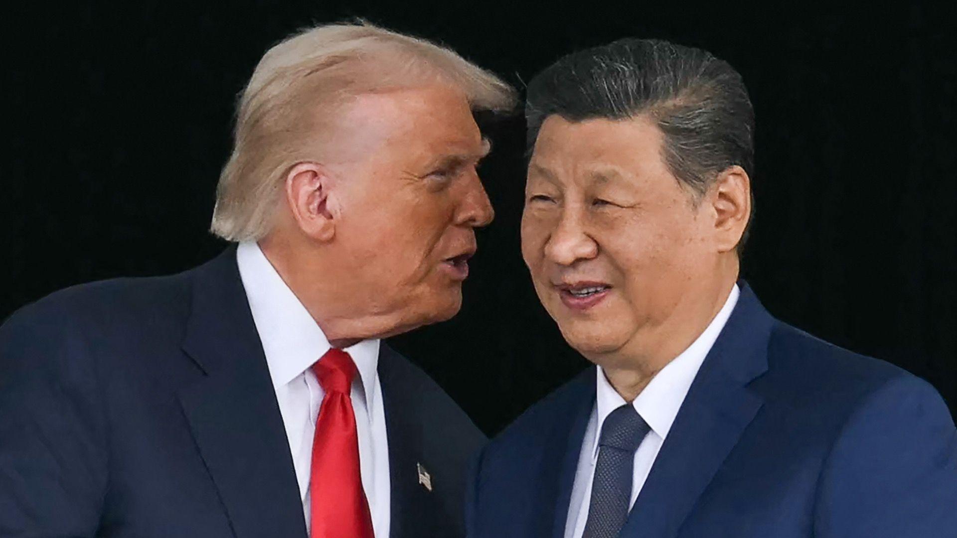 Trump talking into Xi Jinping's ear, they are both wearing suits. Trump has a red tie and Xi has a blue tie