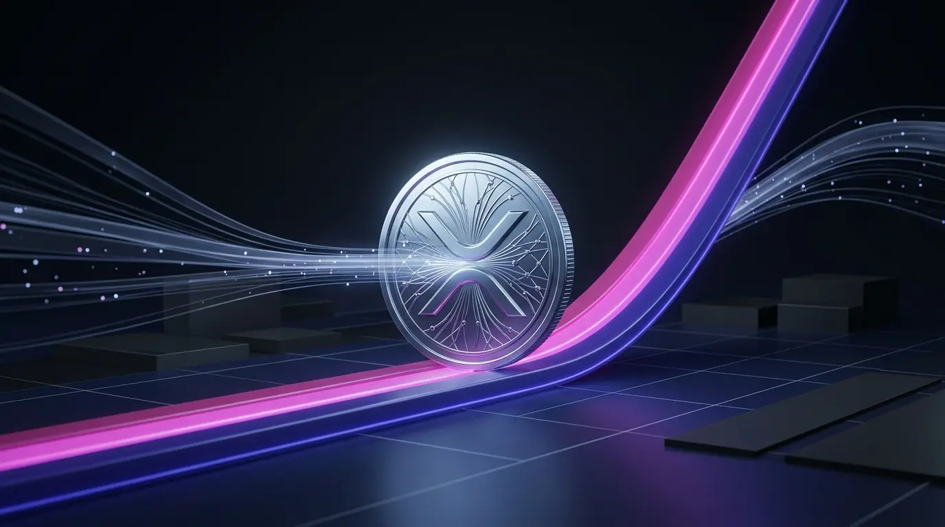 3D XRP coin rising amid indigo and magenta ETF flow visuals
