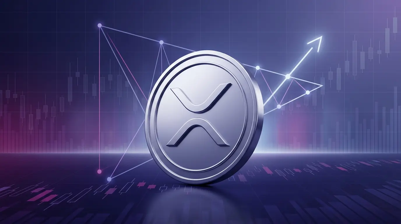 XRP-inspired coin rising through a purple technical chart as macro conditions boost crypto markets