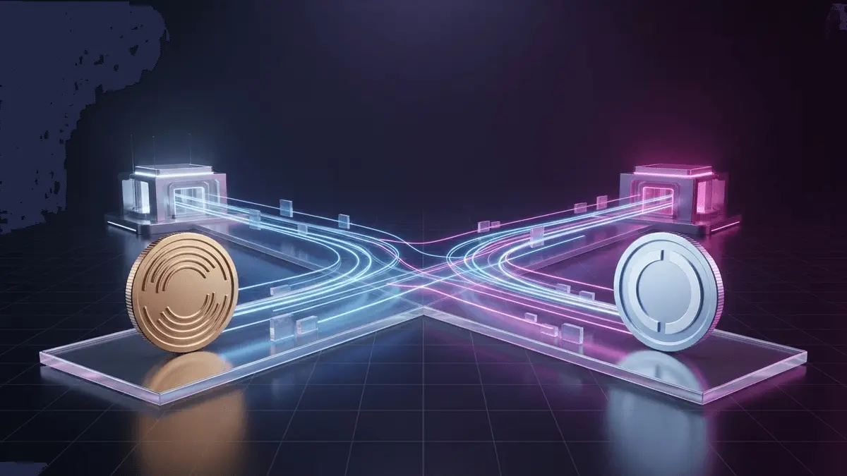 Abstract cross-border payment rails connecting a floating digital asset and a stablecoin