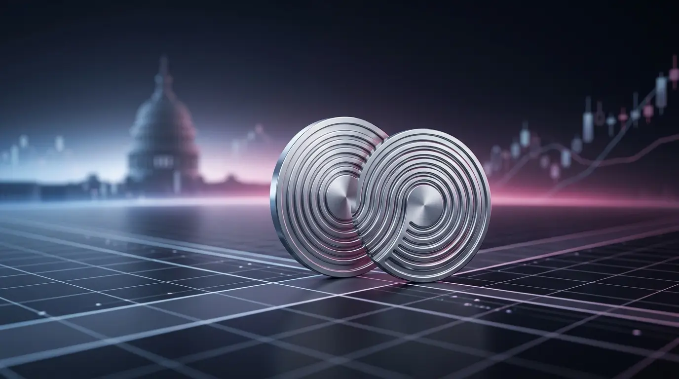 Abstract XRP market visual with a crypto token, financial grid, and government dome silhouette
