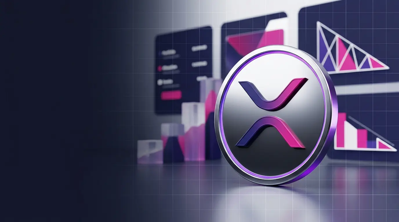 XRP coin beside an abstract institutional crypto allocation chart in purple and magenta lighting