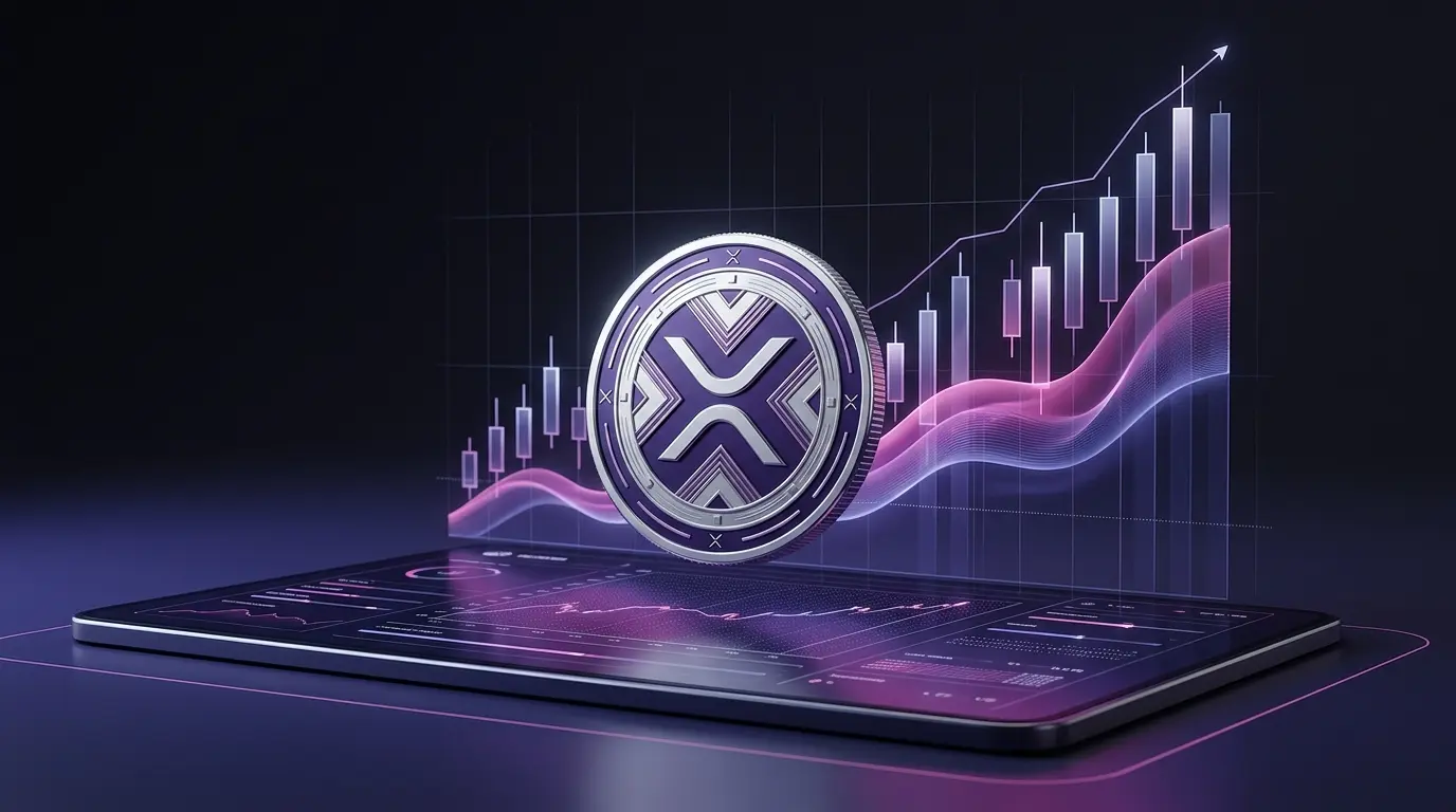 XRP-inspired digital asset above a bullish crypto chart with glowing ledger utility signals