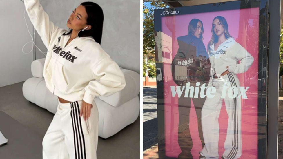 Two pictures show a woman wearing a white White Fox tracksuit taking a selfie and a bus stop billboard advertisement for the White Fox brand.