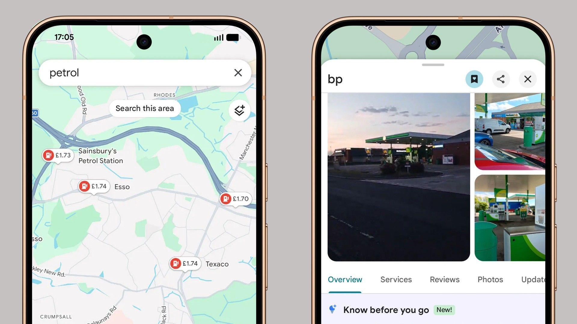 Two phone screens. On the left, a Google Maps view of part of Manchester with several icons displaying petrol pumps and prices beside them ranging from £1.70 to £1.74. On the right, a close up of a BP garage with prices listed underneath for different fuel types.