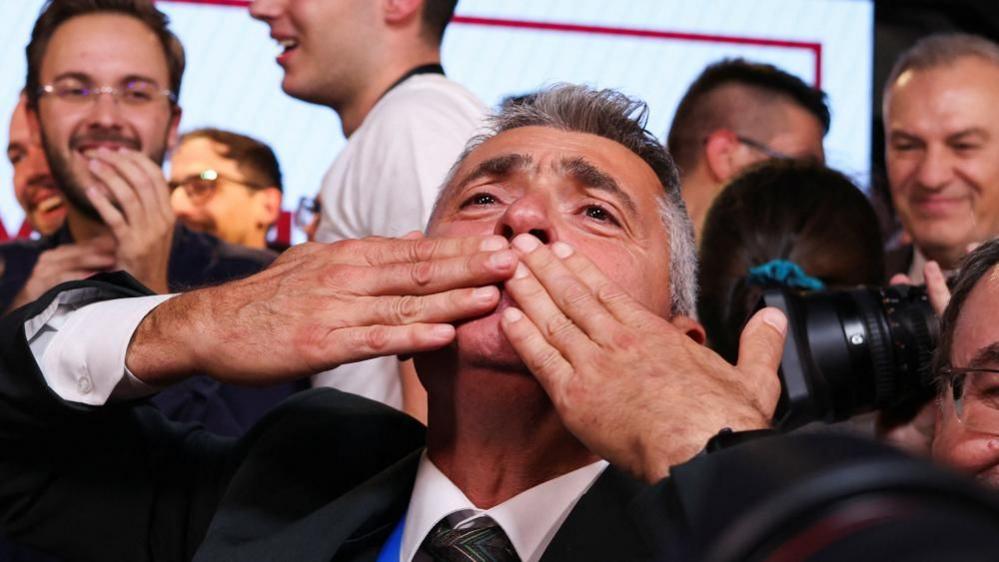 Ilija Srdanović, who is first on the electoral list of the Student List, celebrates in Belgrade. Photo: 26 October 2026