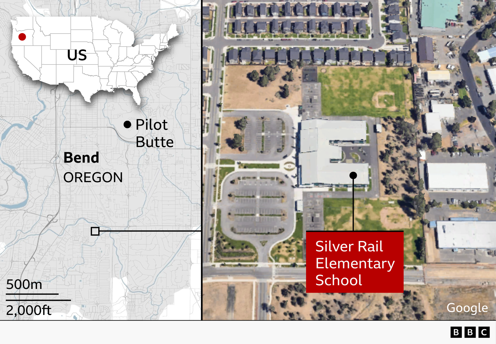 A map shows the location of Silver Rail elementary school in Bend, Oregon, US.
