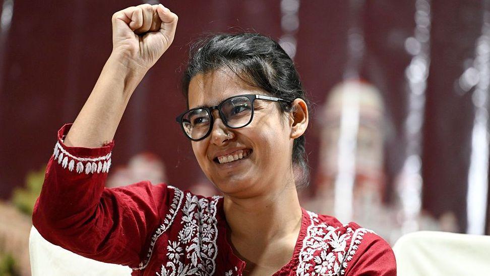 All India Students' Association (AISA) National President Neha Bora along with other student and youth activists, at an event at Gandhi Auditorium on September 16, 2026 in Lucknow, India.