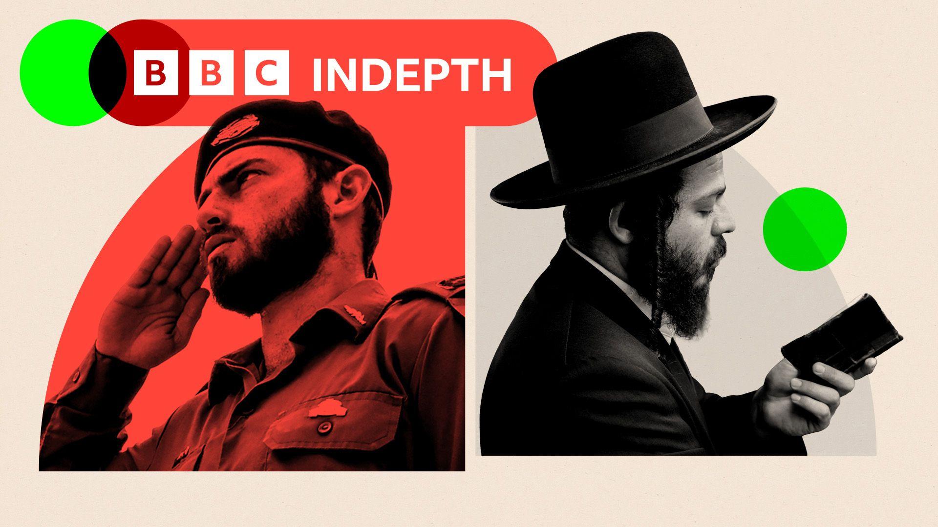 A split image showing an IDF soldier on the left and a Haredi Jewish man on the right