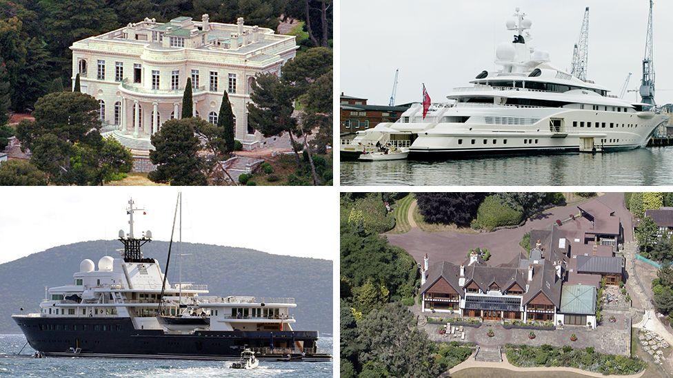 A composite image with four sections showing Chateau de la Croe, a white neo-classical villa surrounded by cypress and other trees; the Pelorus, a white super-yacht; the Fyning Hill estate viewed from the air, showing a large mansion with half-timbering; and Le Grand Bleu, another superyacht with a navy blue hull.