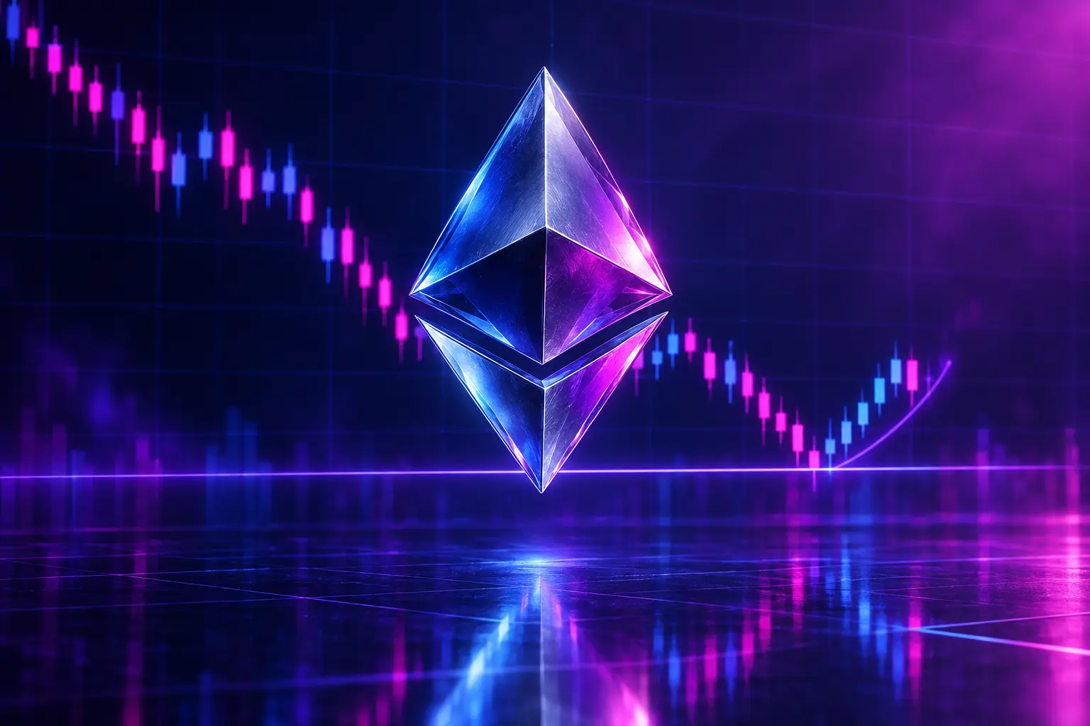 Ethereum-inspired coin hovering above a tested support line in a purple crypto market scene