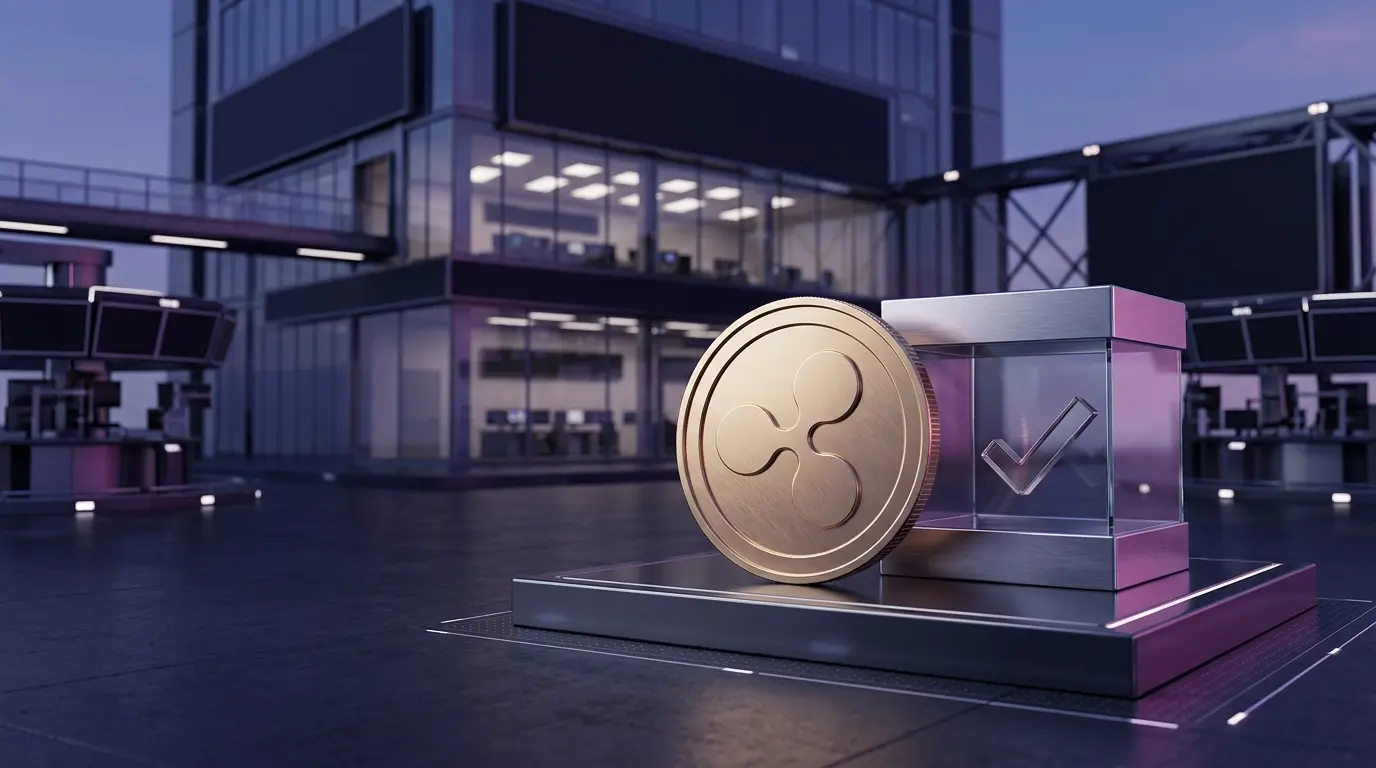 Gold XRP-inspired coin beside an approved ballot box near a modern stock exchange building
