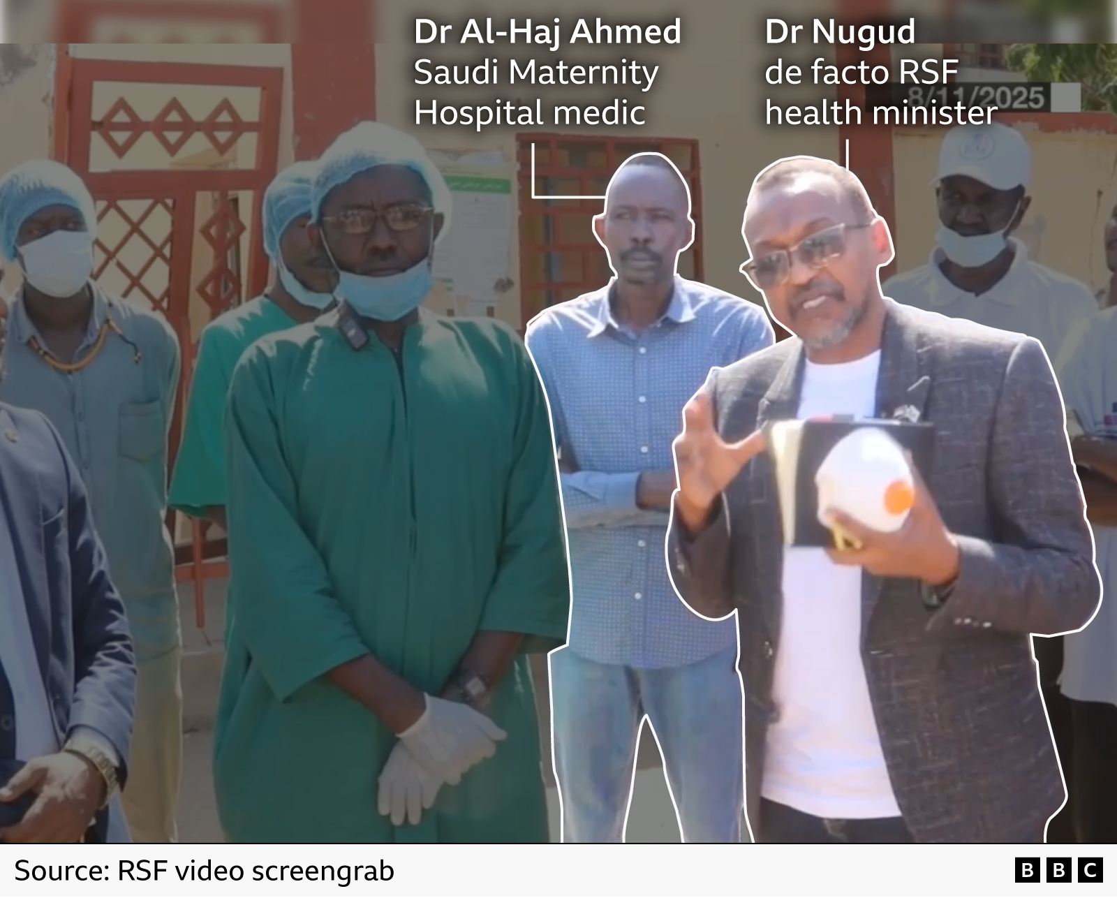 A graphic showing a screengrab from a RSF video with Dr Nugud, RSF health minister, gesturing and beside him Saudi Hospital medics in scrubs and behind him Dr Al-Haj Ahmed in a shirt and jeans with arms folded