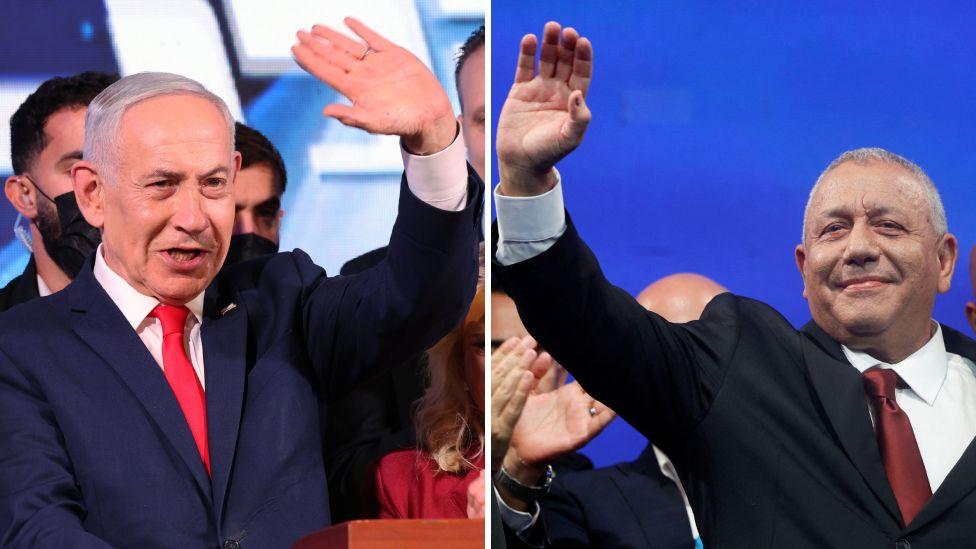 Composite image showing Benjamin Netanyahu (L) and Gadi Eisenkot (R) both waving
