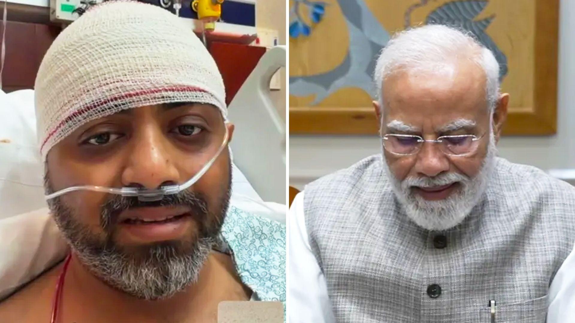 Split image of Capt Smit Matchhar with a bandage around his head and Indian Prime Minister Narendra Modi