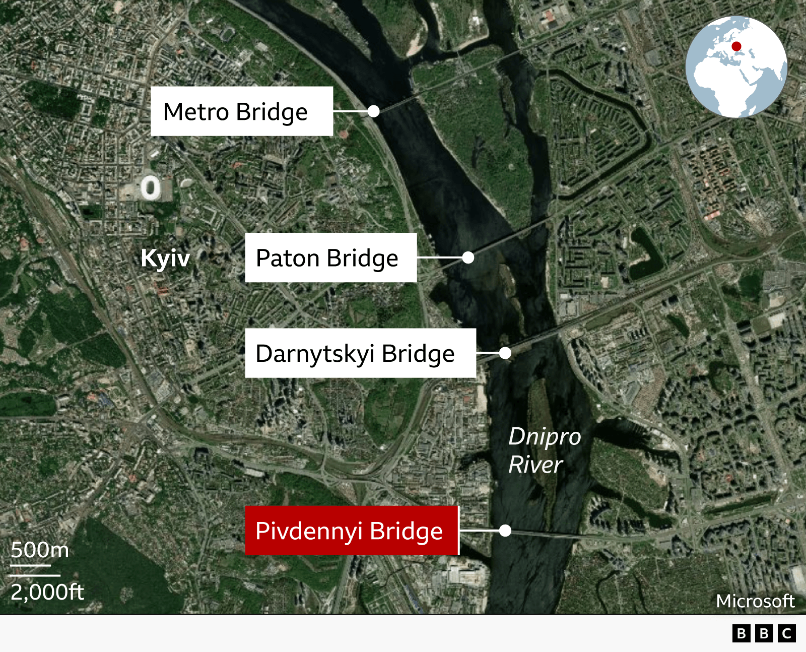 A map showing Kyiv's bridges across the Dnipro River (from north to south): Metro Bridge, Paton Bridge, Darnytskyi Bridge and Pivdennyi Bridge.