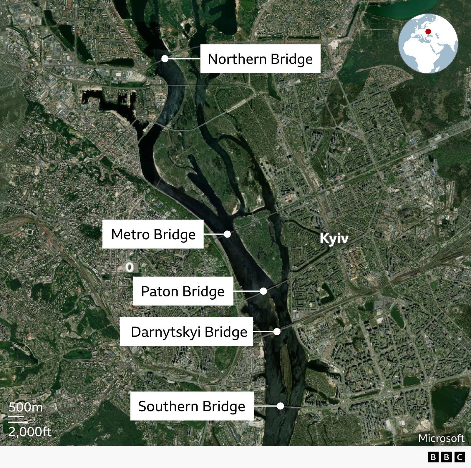 A map showing the location of five bridges in Kyiv. Pivnichnyi (Northern) Bridge is located furthest to the north. Going south from there are the locations of Metro Bridge, Paton Bridge, Darnytskyi Bridge, and furthest south Pivdennyi (Southern) Bridge.
