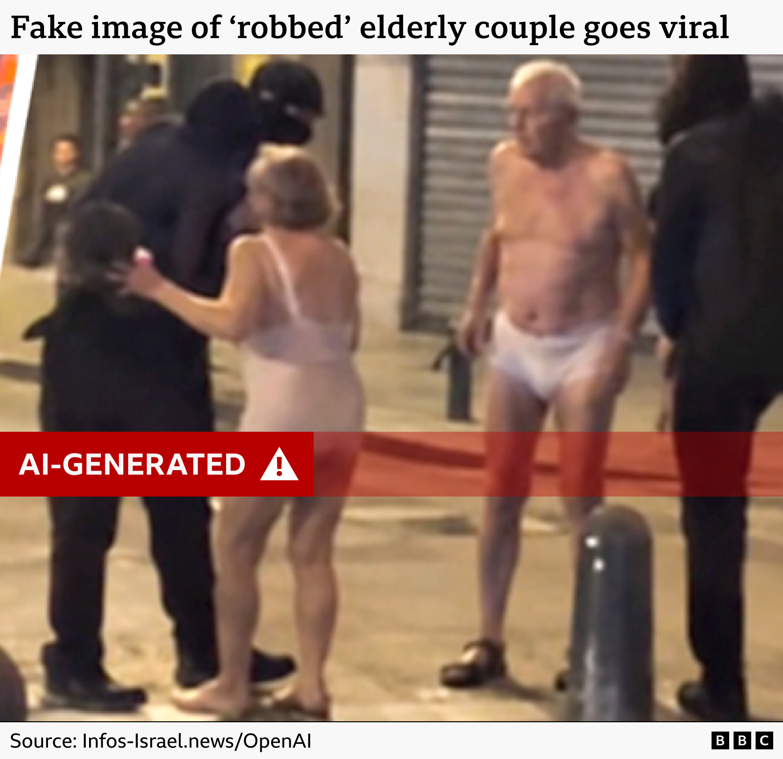 A fake image of an elderly couple being robbed and left in their underwear