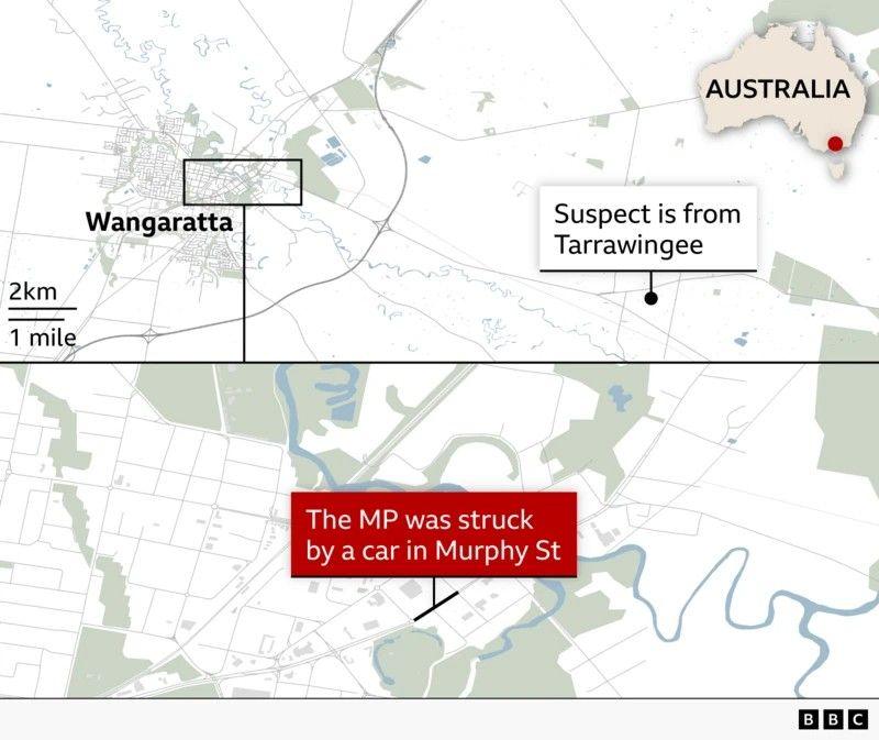 Map of Wangaratta and Tarrawingee in the Victoria's northeast, with Murphy Street, where MP was allegedly struck, higlighted. An inset map highlights the area’s location within Australia.