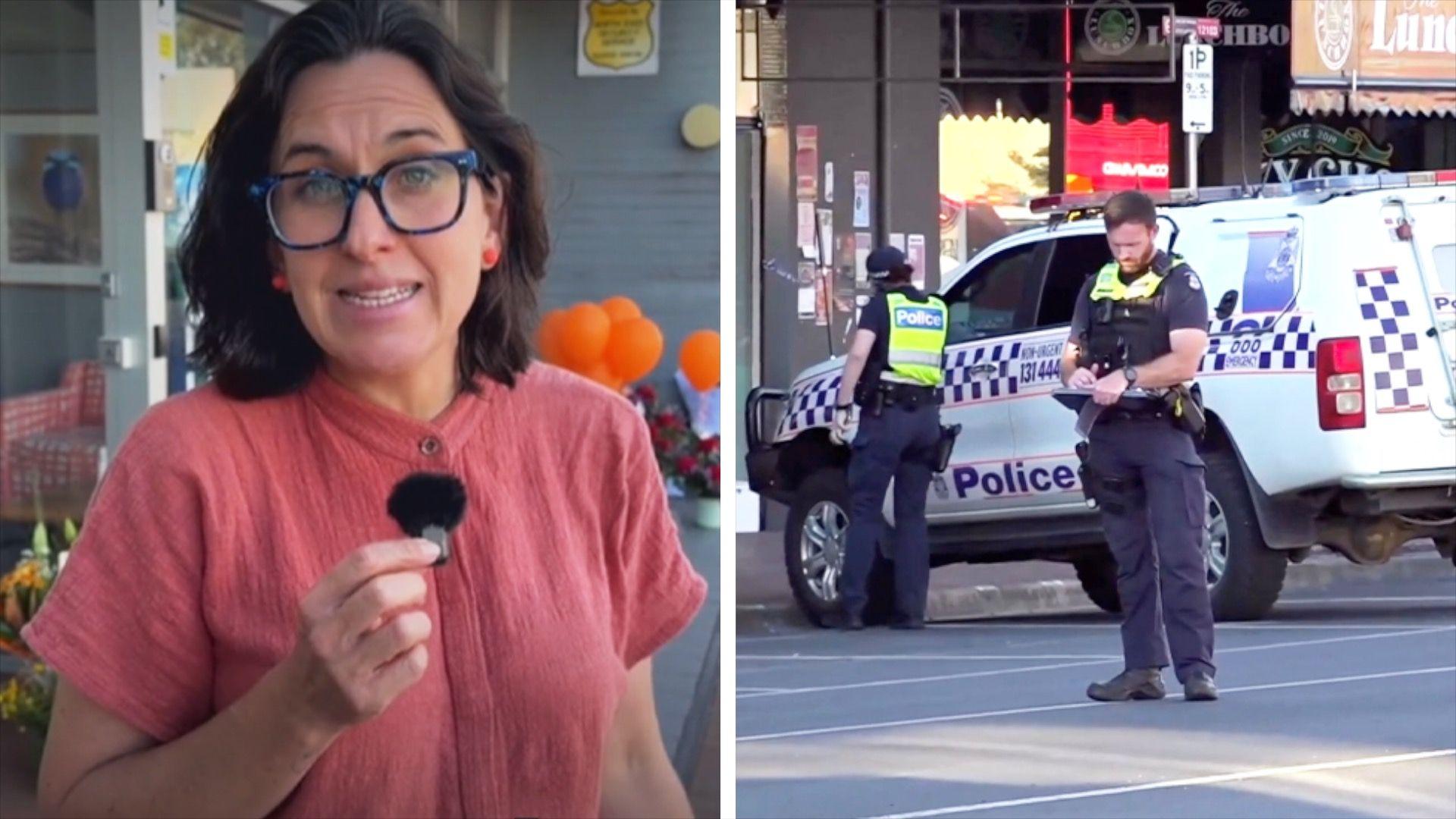 Split-screen shows Katy Watson on the left, reporting from the scene, and crime scene showing white vehicle on the right