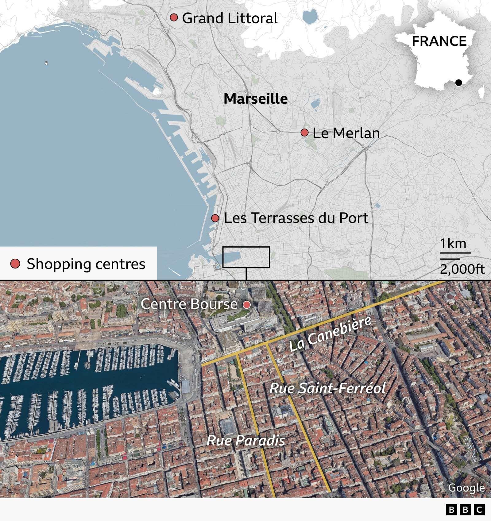 Map of Marseille showing the locations of major shopping centres. Markers identify Grand Littoral in the north, Le Merlan to the north-east and Les Terrasses du Port on the waterfront near the city centre. An inset map highlights Marseille’s location in southern France. A second, zoomed-in satellite view shows central Marseille around Centre Bourse, La Canebière, Rue Saint-Ferréol and Rue Paradis.