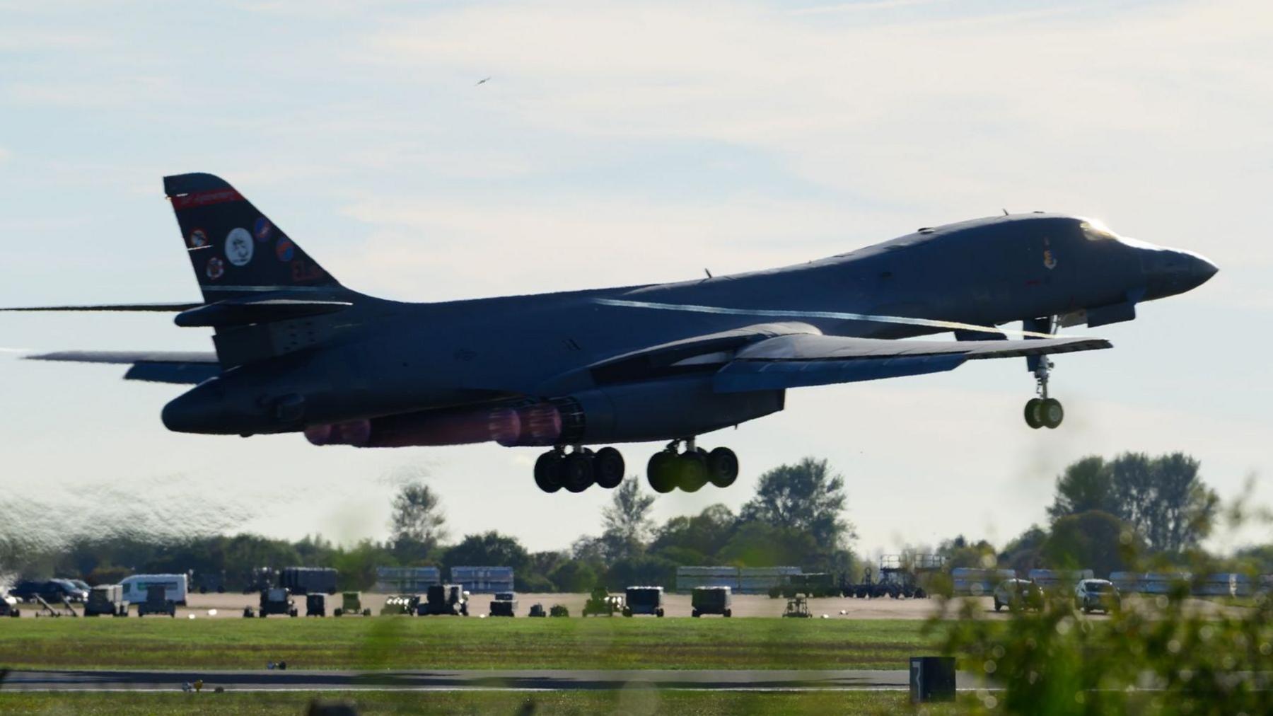 A Rockwell B1 Lancer heavy bomber takes off from runway 27 to depart for home at RAF Fairford on October 04, 2026 in Fairford, United Kingdom.