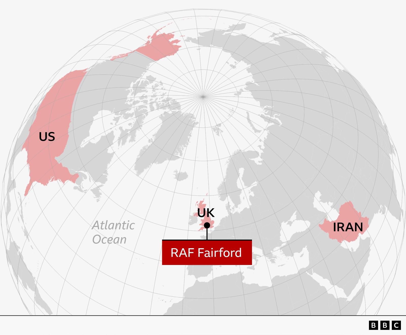 A map of the globe highlighting the US, the UK and Iran, with a label showing RAF Fairford in the UK in between the US and Iran.