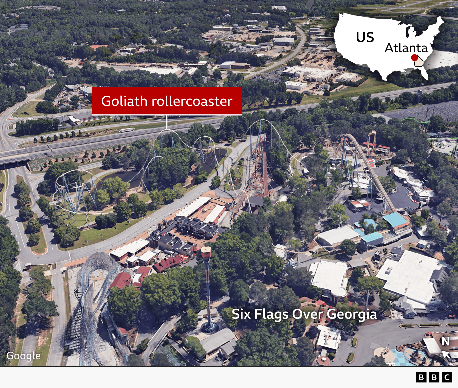 An annotated aerial image shows the Goliath rollercoaster located within the Six Flags Over Georgia amusement park. An inset map shows the location of Atlanta, and wider Georgia, within the United States