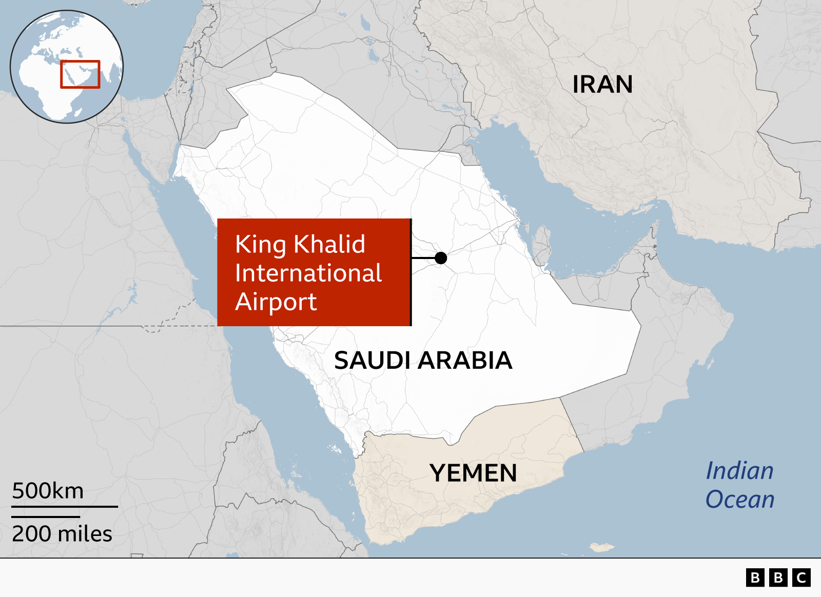 Map of the Middle East highlighting Saudi Arabia, with a marker indicating the location of King Khalid International Airport near Riyadh in the central part of the country. Neighboring countries including Iran and Yemen are labeled, along with surrounding bodies of water. An inset map in the top-left corner shows the region’s location within the wider Africa and Middle East area. A distance scale and BBC logo appear at the bottom of the graphic.