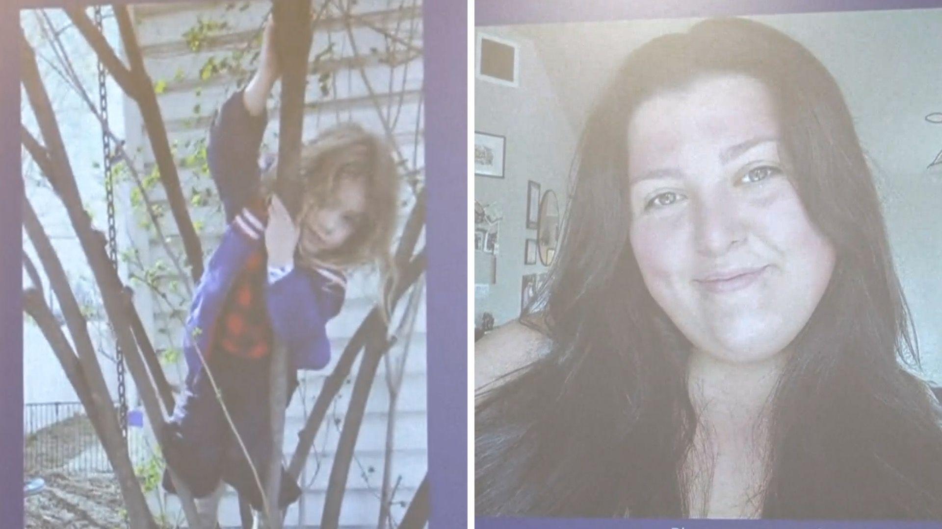A side-by-side image shows two people. On the left, a little boy in a blue jacket is climbing a tree and on the right, a woman smiles.