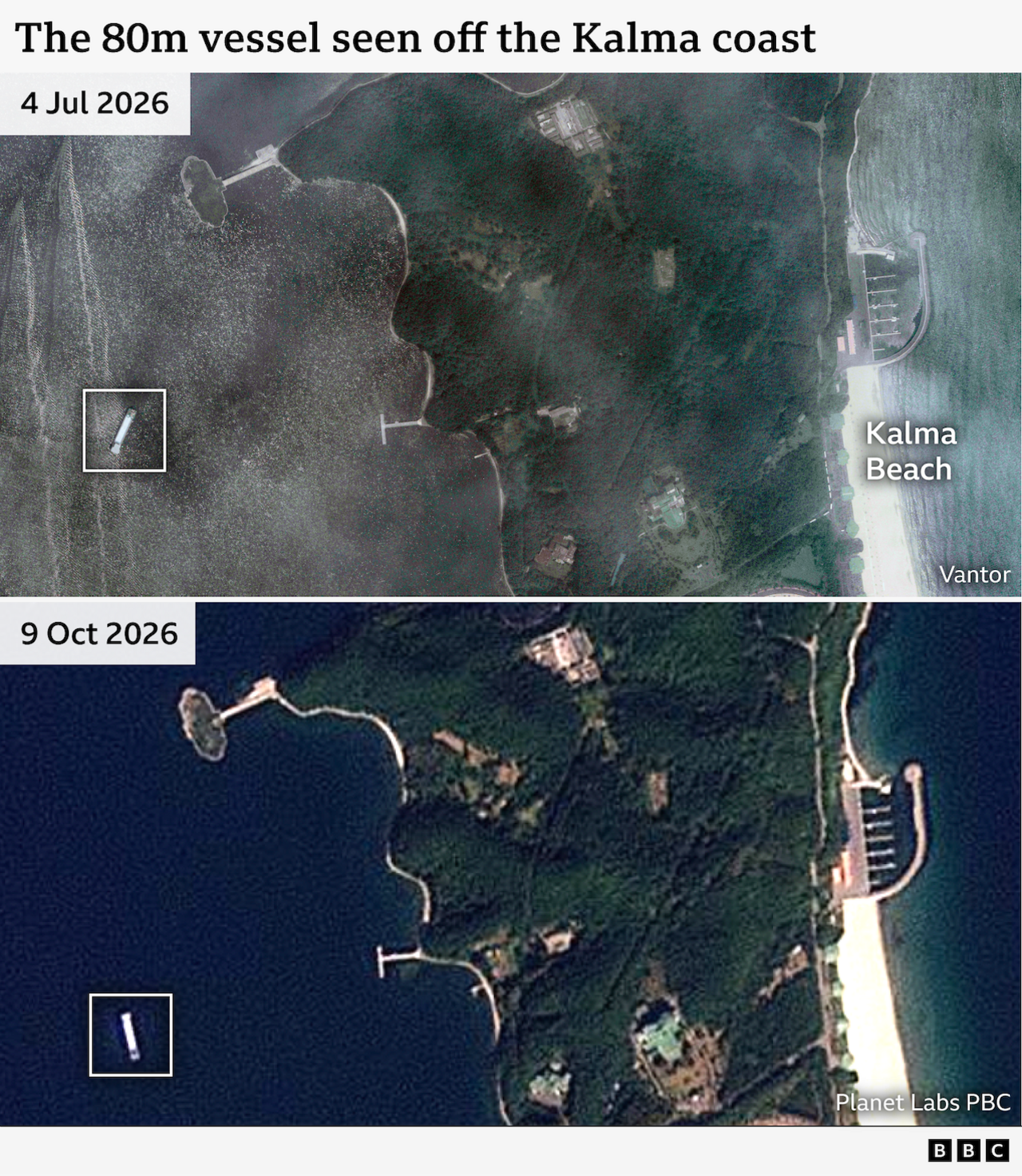 Two satellite images dated 4 July 2026 and 9 October 2026, showing an 80-metre-long vessel off the Kalma Peninsula.