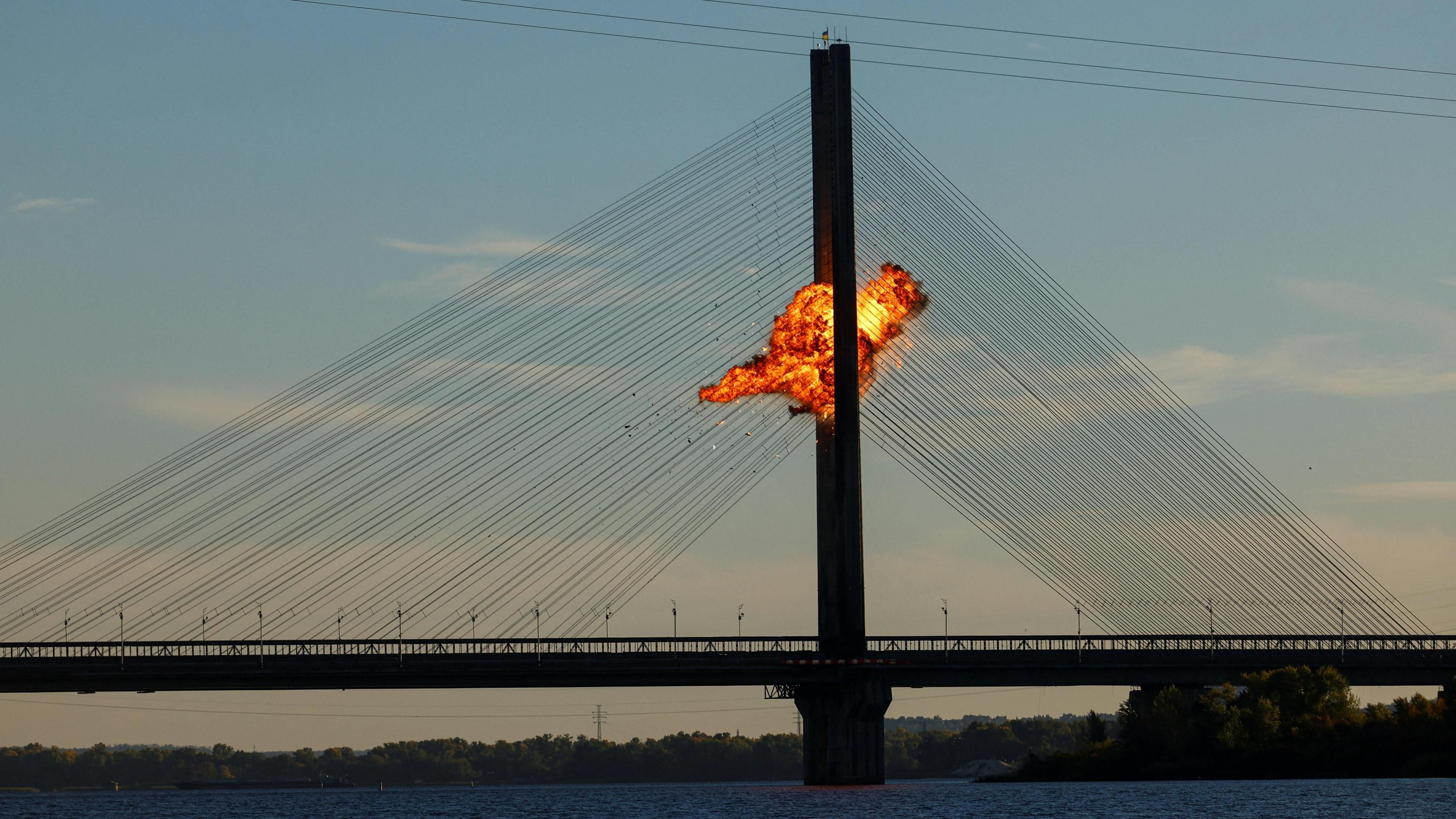 A Russian drone explodes after hitting cables of Kyiv's Pivdennyi bridge. Photo: 2 October 2026