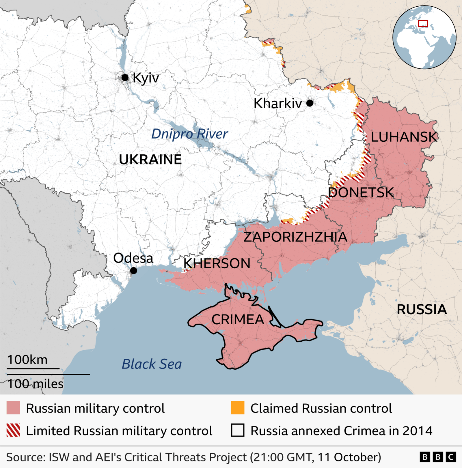 Map focusing on southern and eastern Ukraine, highlighting Russian military control. Pink shading covers Crimea and stretches across Kherson, Zaporizhzhia, Donetsk and Luhansk regions. A narrow band of red diagonal stripes marks the active front line, with small orange pockets showing claimed control. The Dnipro River and cities such as Kyiv, Kharkiv and Odesa are labelled for reference