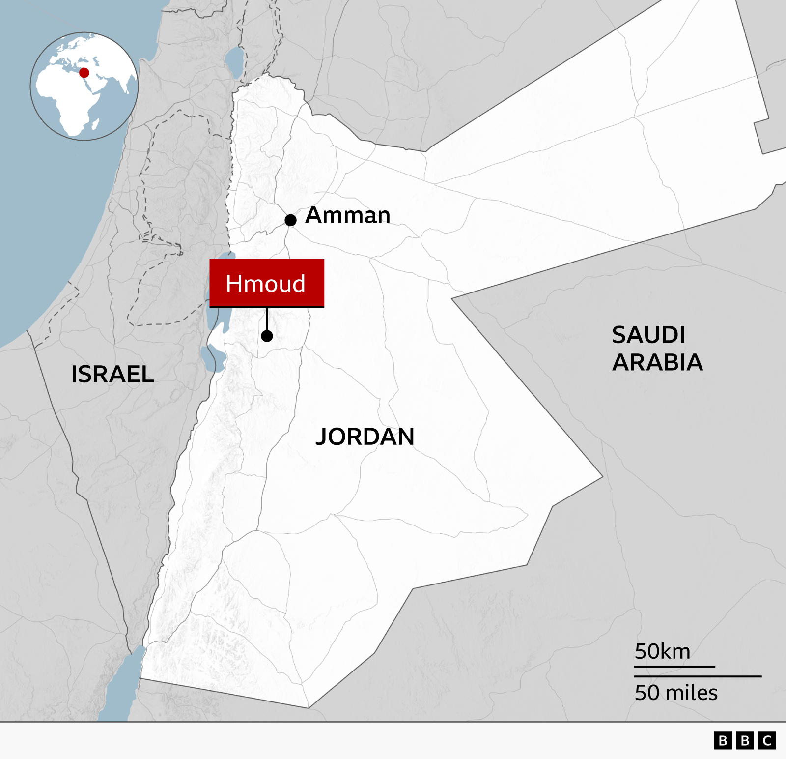 Map of Jordan showing the location of Hmoud in the west-central part of the country, south-west of Amman and near the Dead Sea. Neighbouring countries Israel and Saudi Arabia are labelled, with a locator globe showing Jordan’s position in the Middle East.