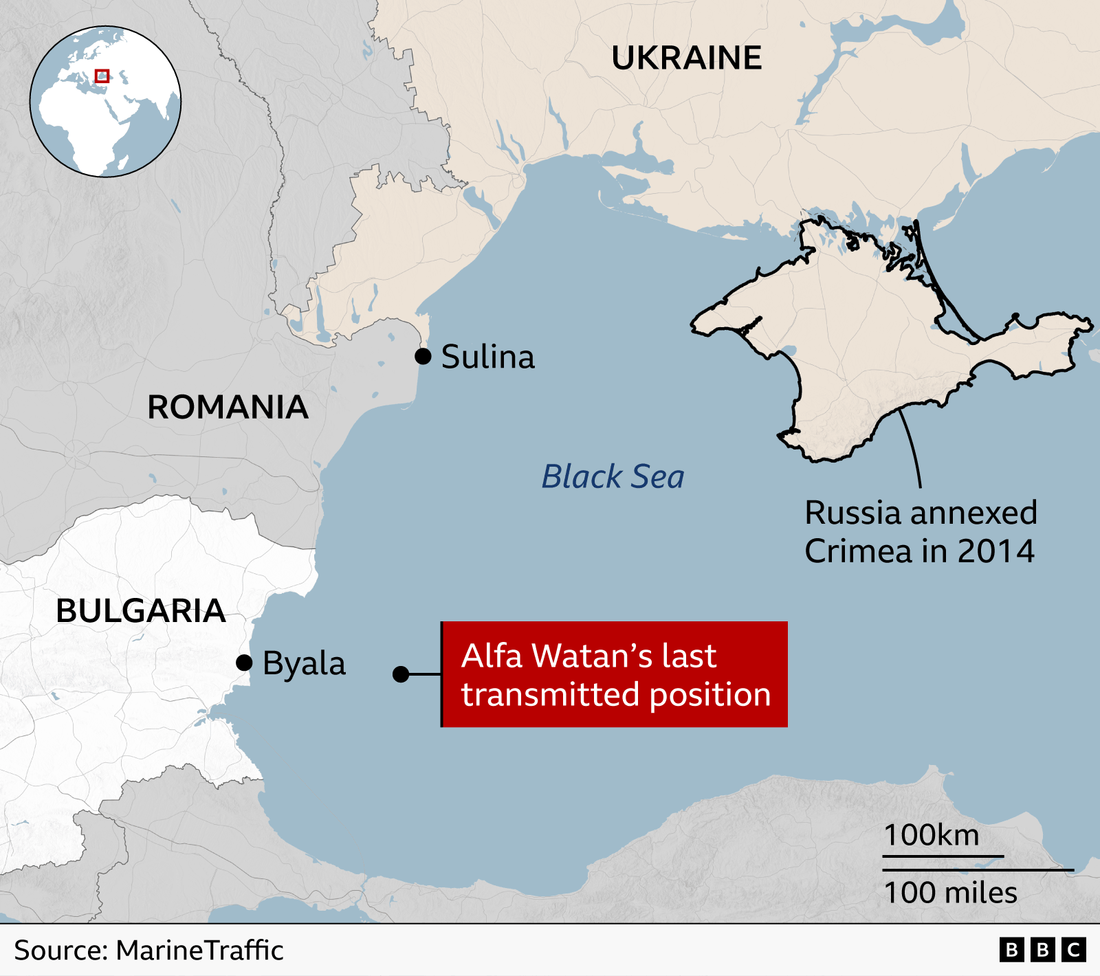 Map of the western Black Sea showing the reported last transmitted position of the cargo ship Alfa Watan. A marked location lies between the Romanian and Bulgarian coasts, south-east of Byala and south of Sulina. Romania, Bulgaria, Ukraine and the Black Sea are labelled. Crimea is outlined and marked as having been annexed by Russia in 2014. Source: MarineTraffic.
