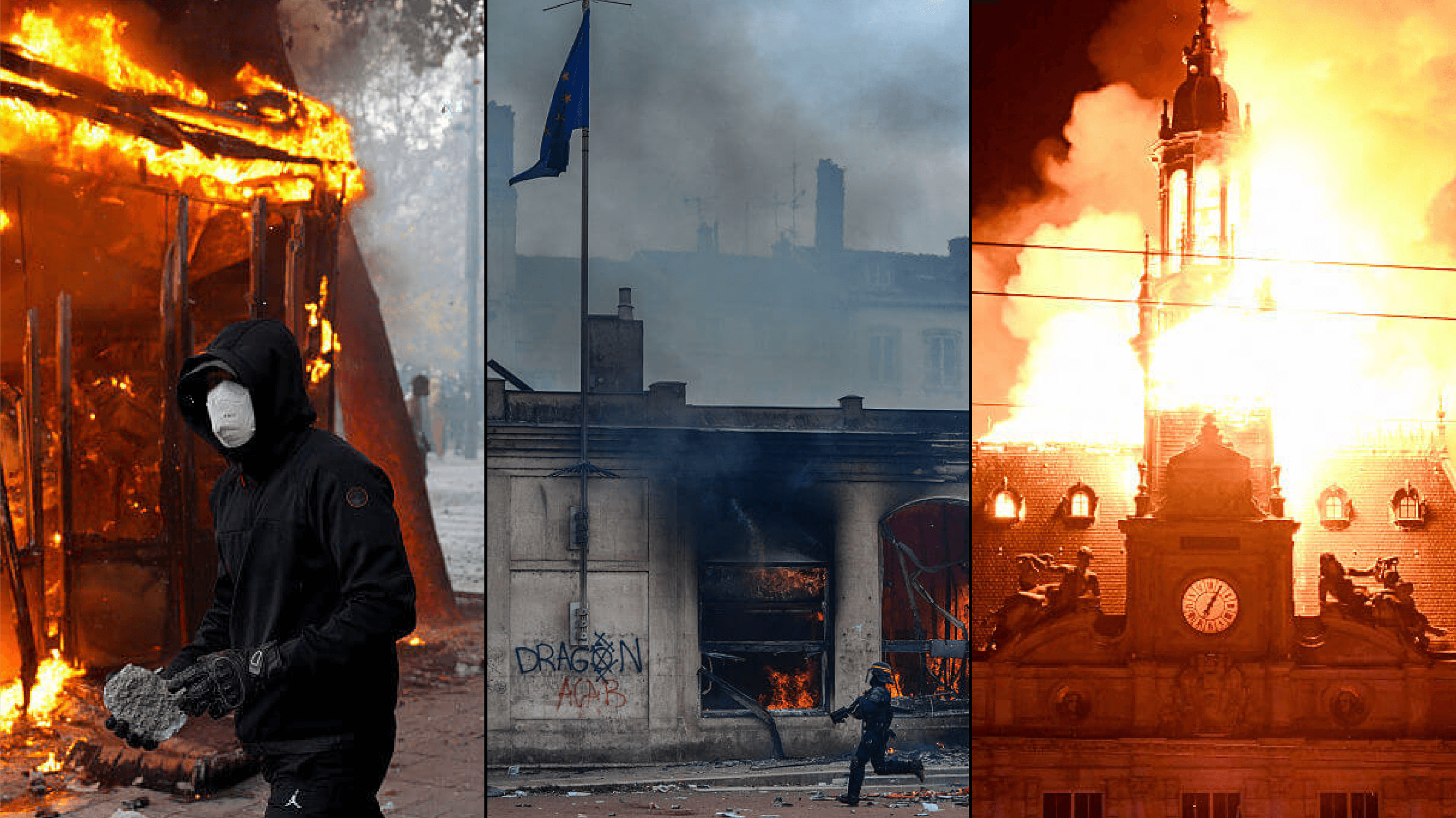Three images of buildings on fire during protests in France