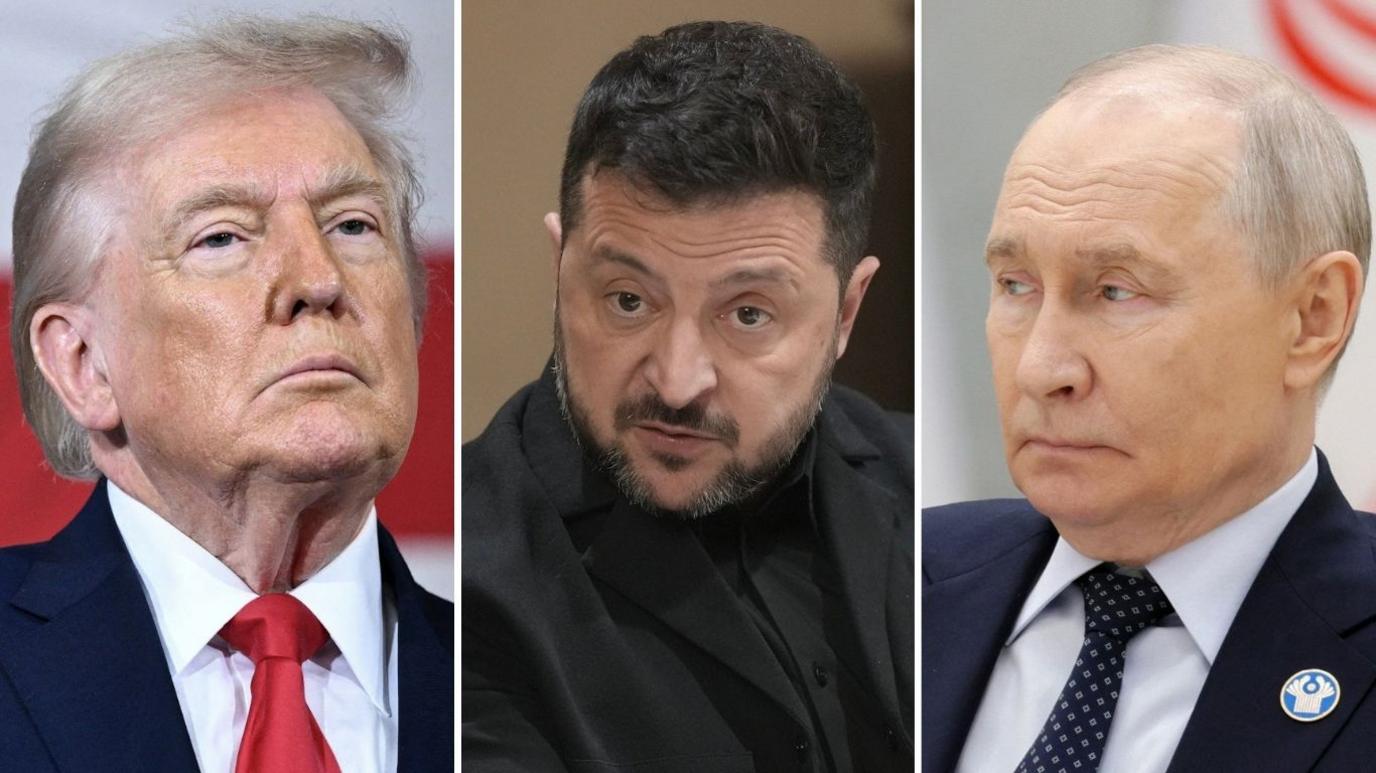 A composite image showing Trump (left), Zelensky (middle) and Putin (right)