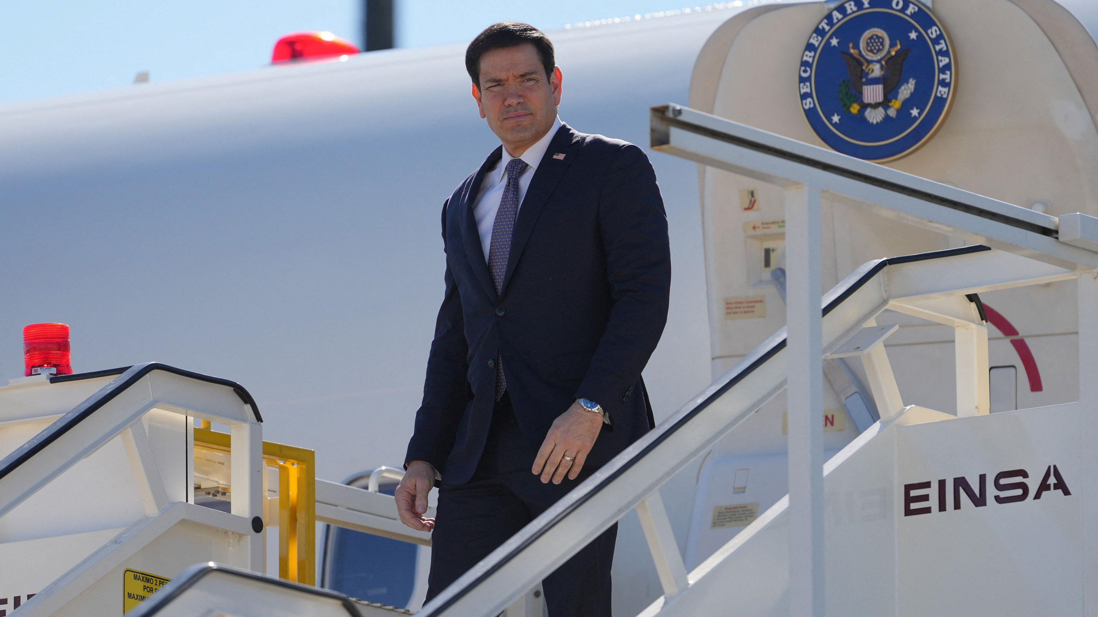 US Secretary of State Marco Rubio steps off a plane at Lisbon Airport, Portugal.