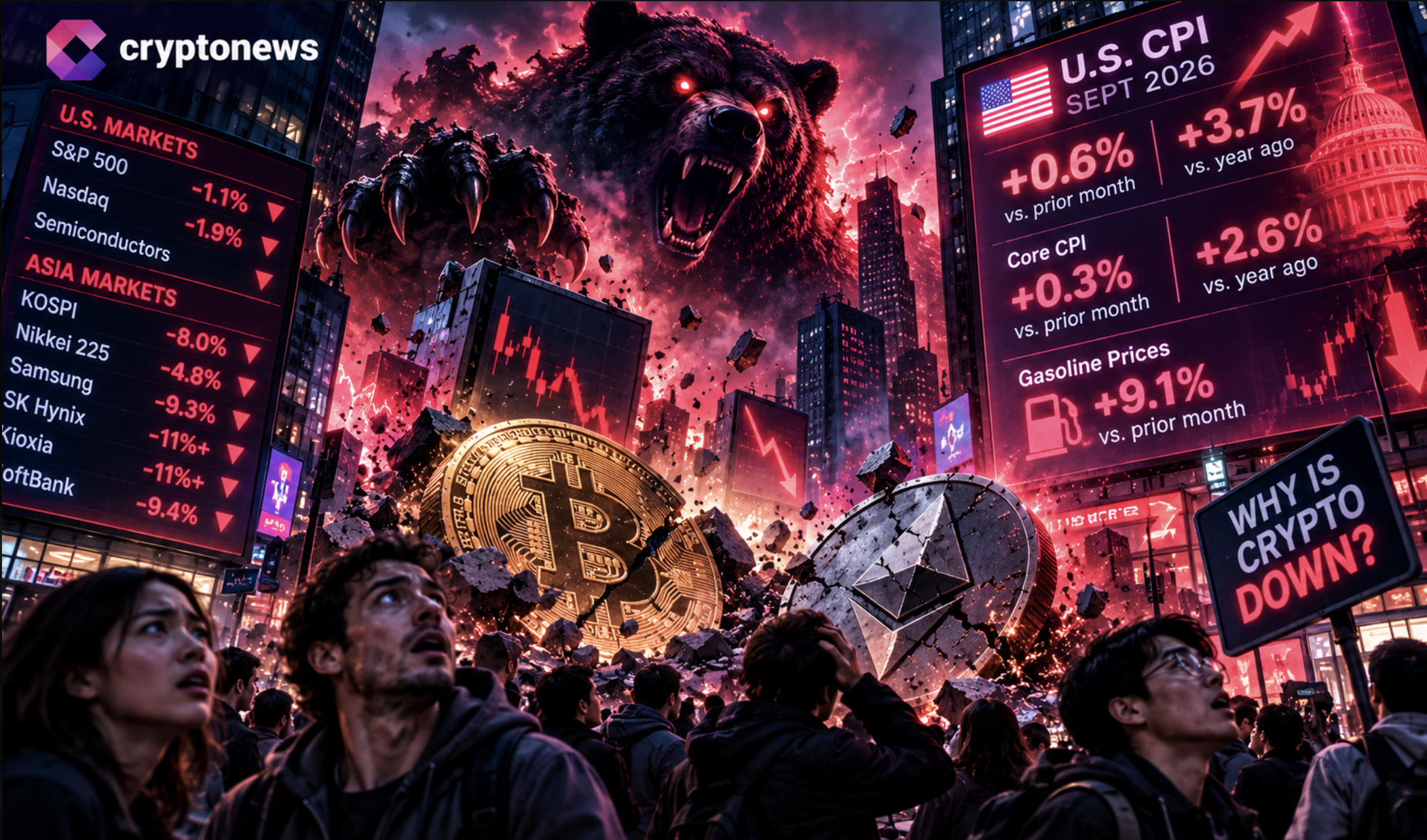Why is crypto down? Bitcoin price fell by 4% as hotter U.S. CPI lifted rate-hike bets and weighed on crypto and technology shares worldwide.