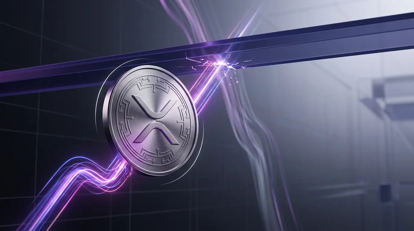 XRP-inspired coin rising toward a resistance barrier in a purple crypto market scene
